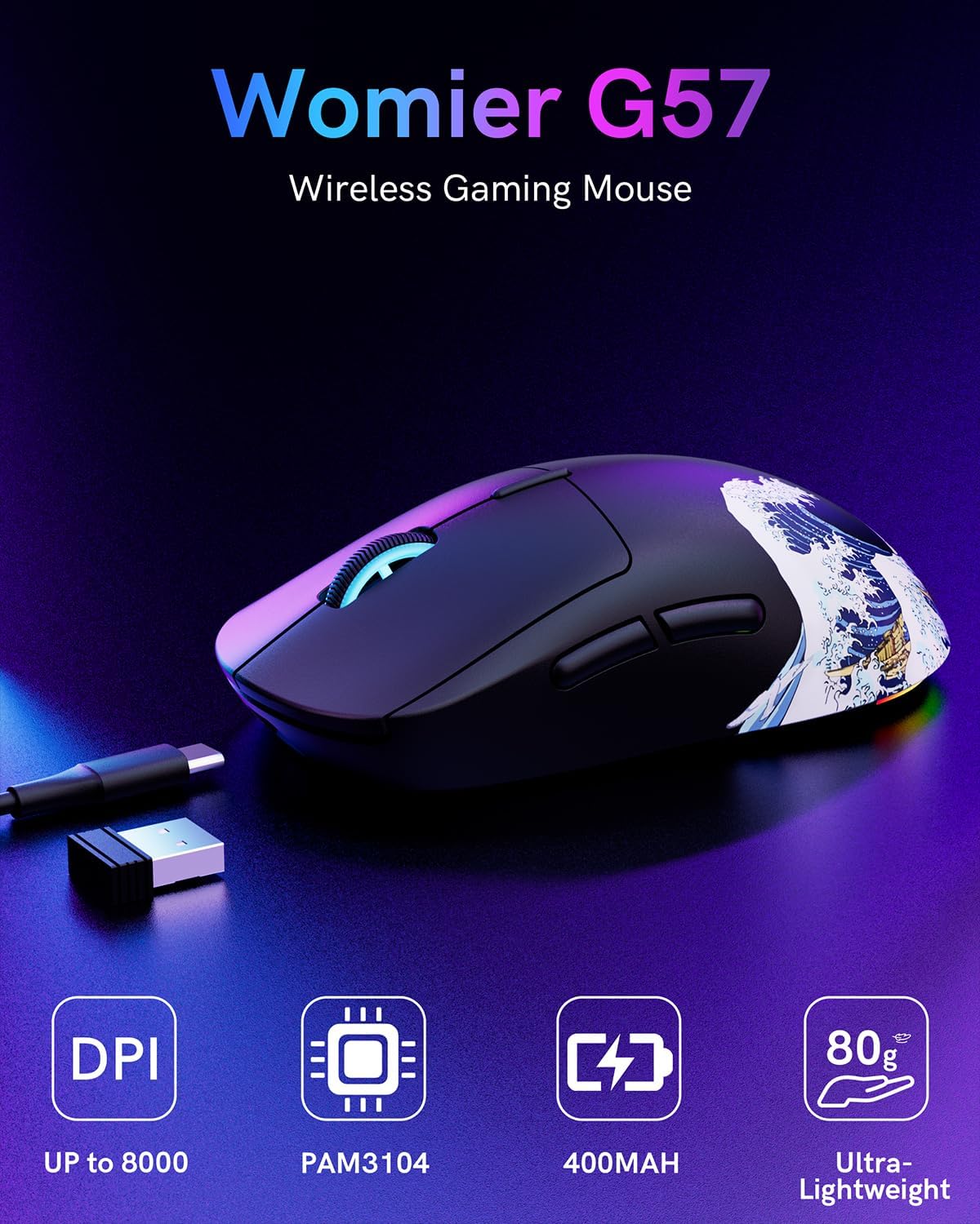 G57 Wireless Gaming Mouse, 8000 DPI, Black - Image 3