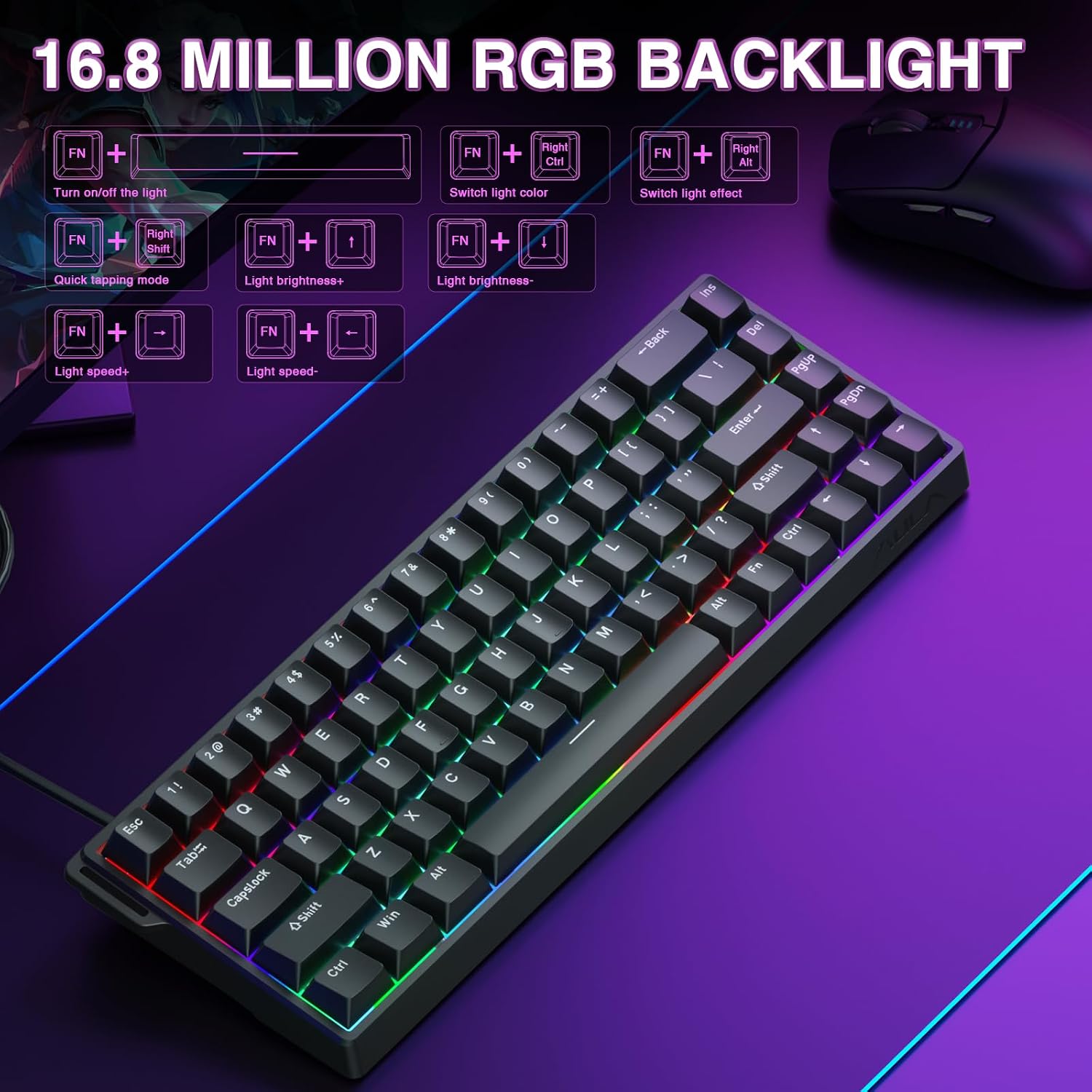 AULA WIN68 HE Mechanical Gaming Keyboard 60%, Hall Effect Magnetic Switch, Fast Trigger Mode Adjustable Actuation, 8000Hz Polling Rate, RGB Backlit, Wired Black Keyboard for Laptop/PC Gamer - Image 6