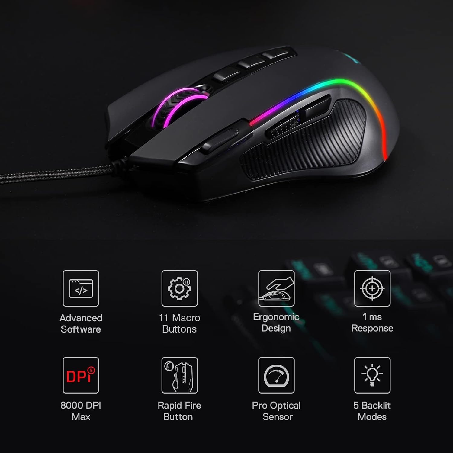 Redragon M612 Wired RGB Optical Gaming Mouse 8000 DPI Remapping Keys - Image 3