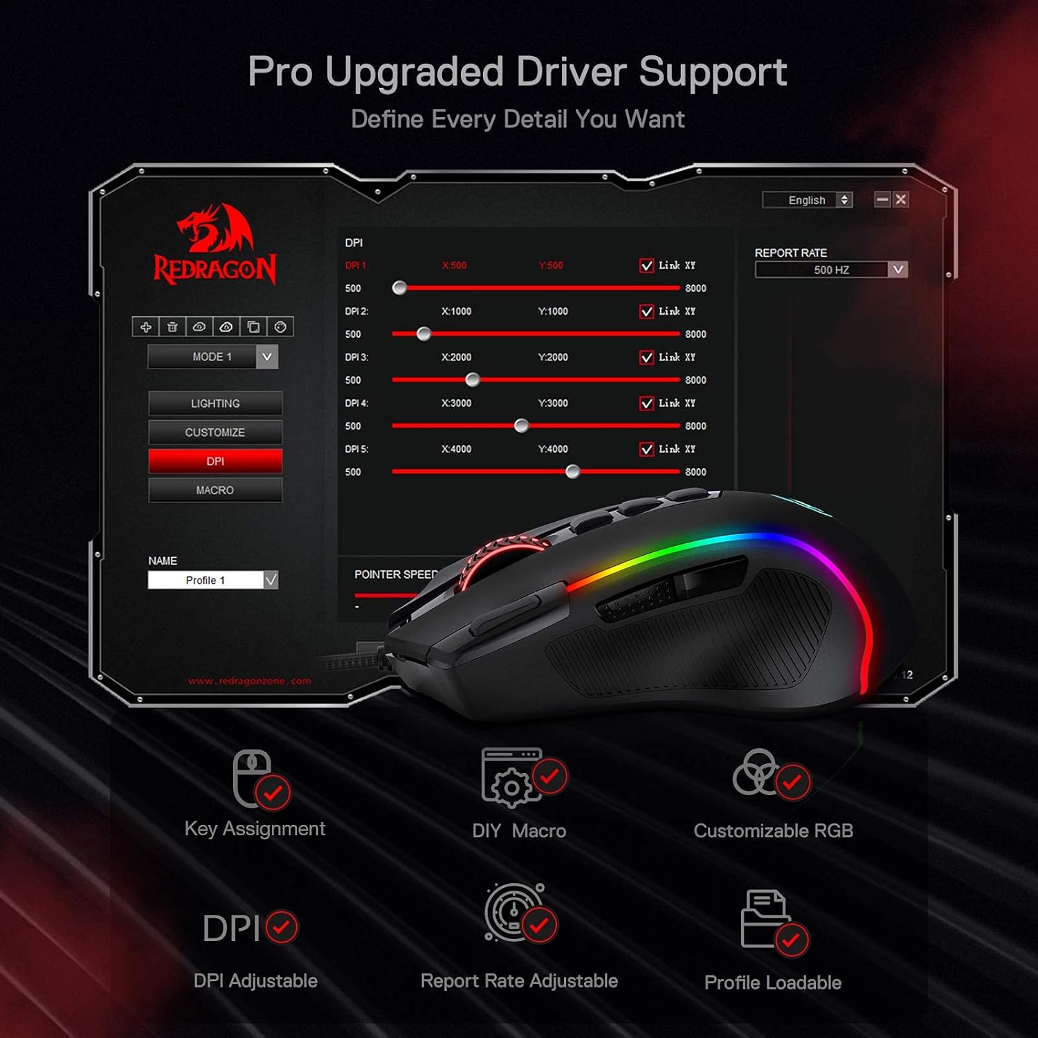 Redragon M612 Wired RGB Optical Gaming Mouse 8000 DPI Remapping Keys - Image 8