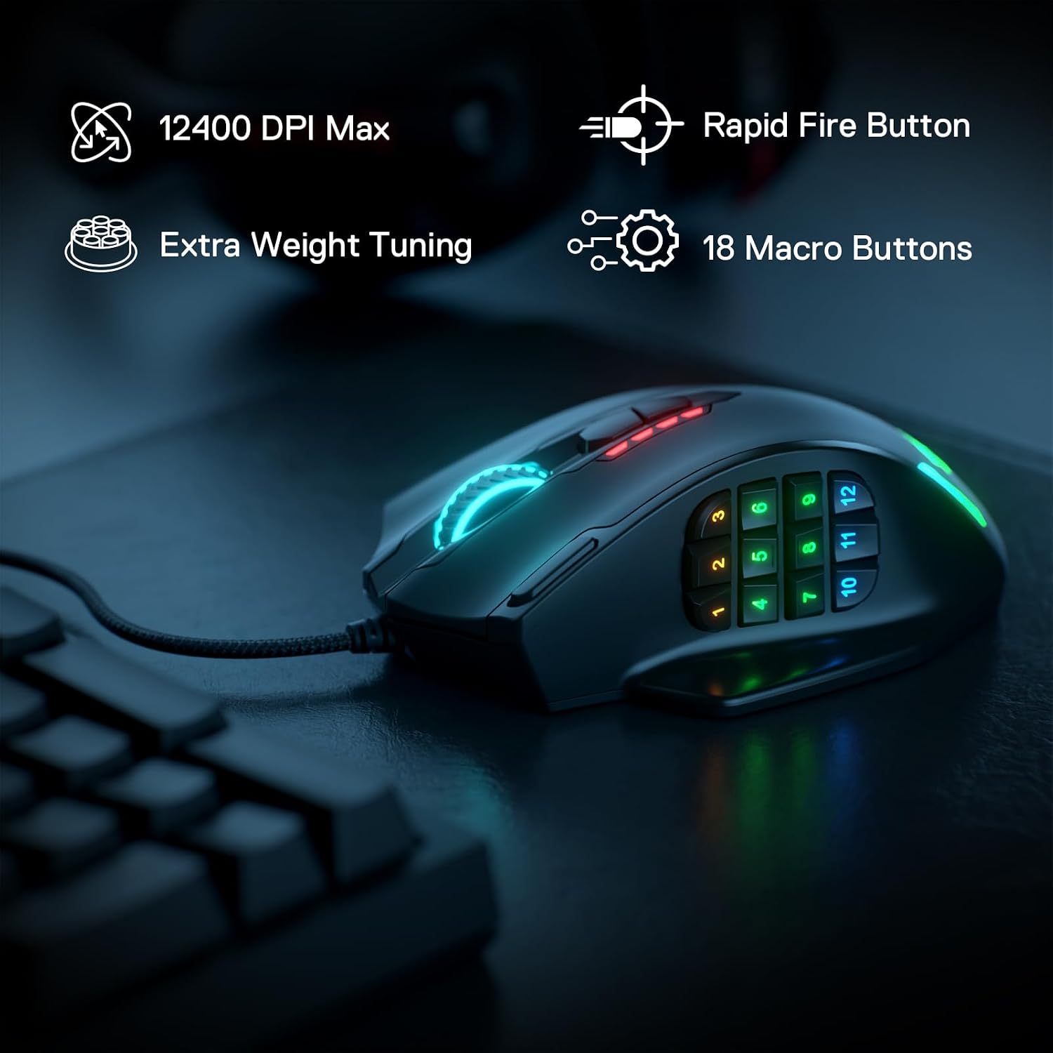 Redragon M908 Wired MMO RGB Gaming Mouse 12400 DPI Remapping Keys - Image 2