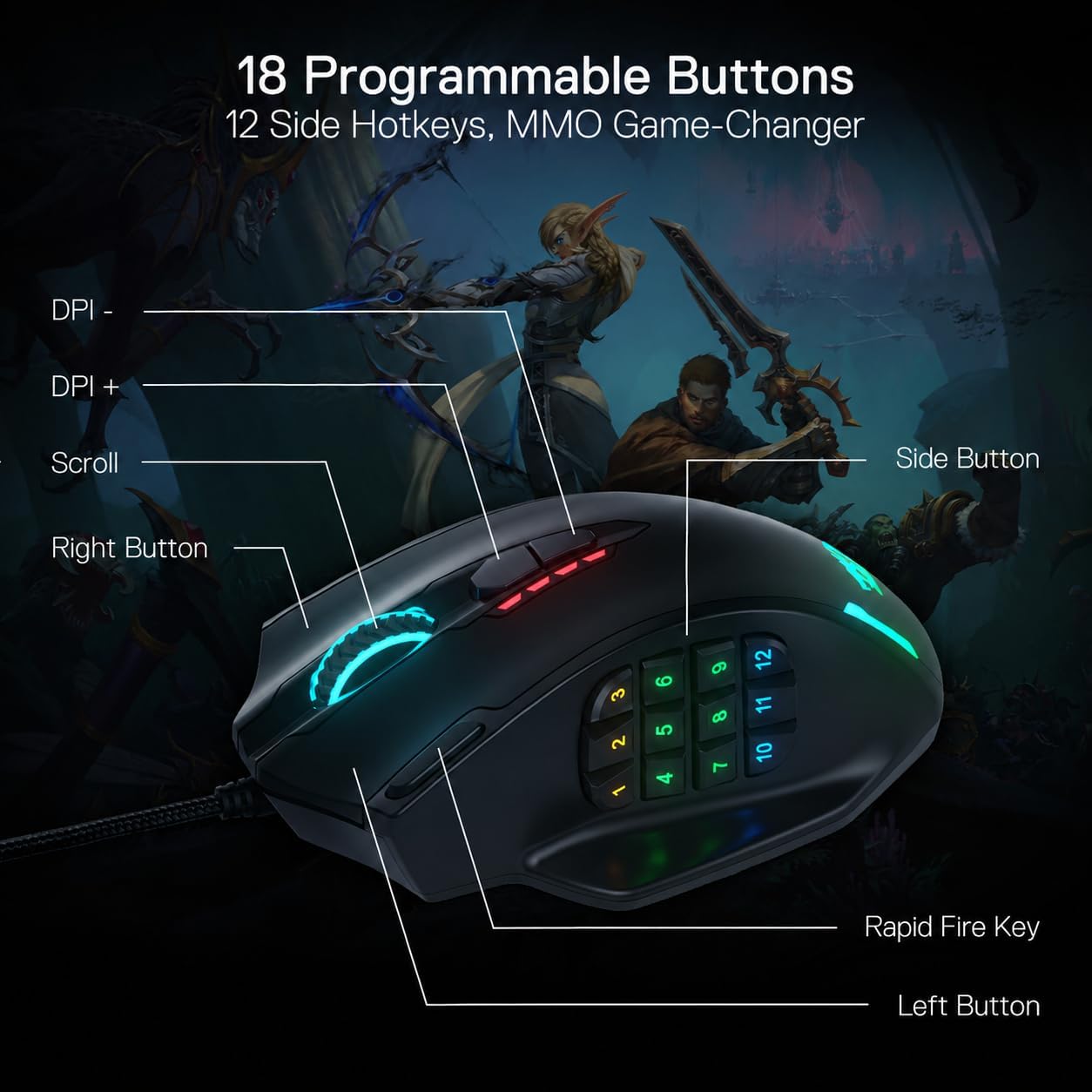 Redragon M908 Wired MMO RGB Gaming Mouse 12400 DPI Remapping Keys - Image 4