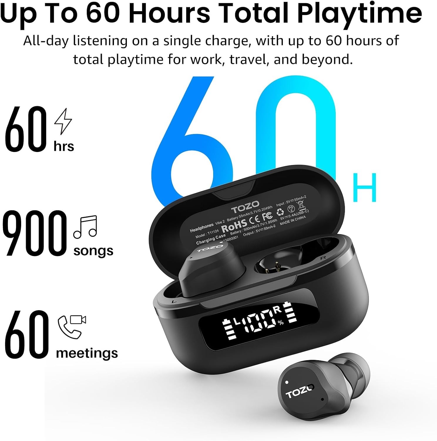 TOZO NC9 Hybrid Active Noise Cancelling Wireless Earbuds, 60H, LED Display - Image 4