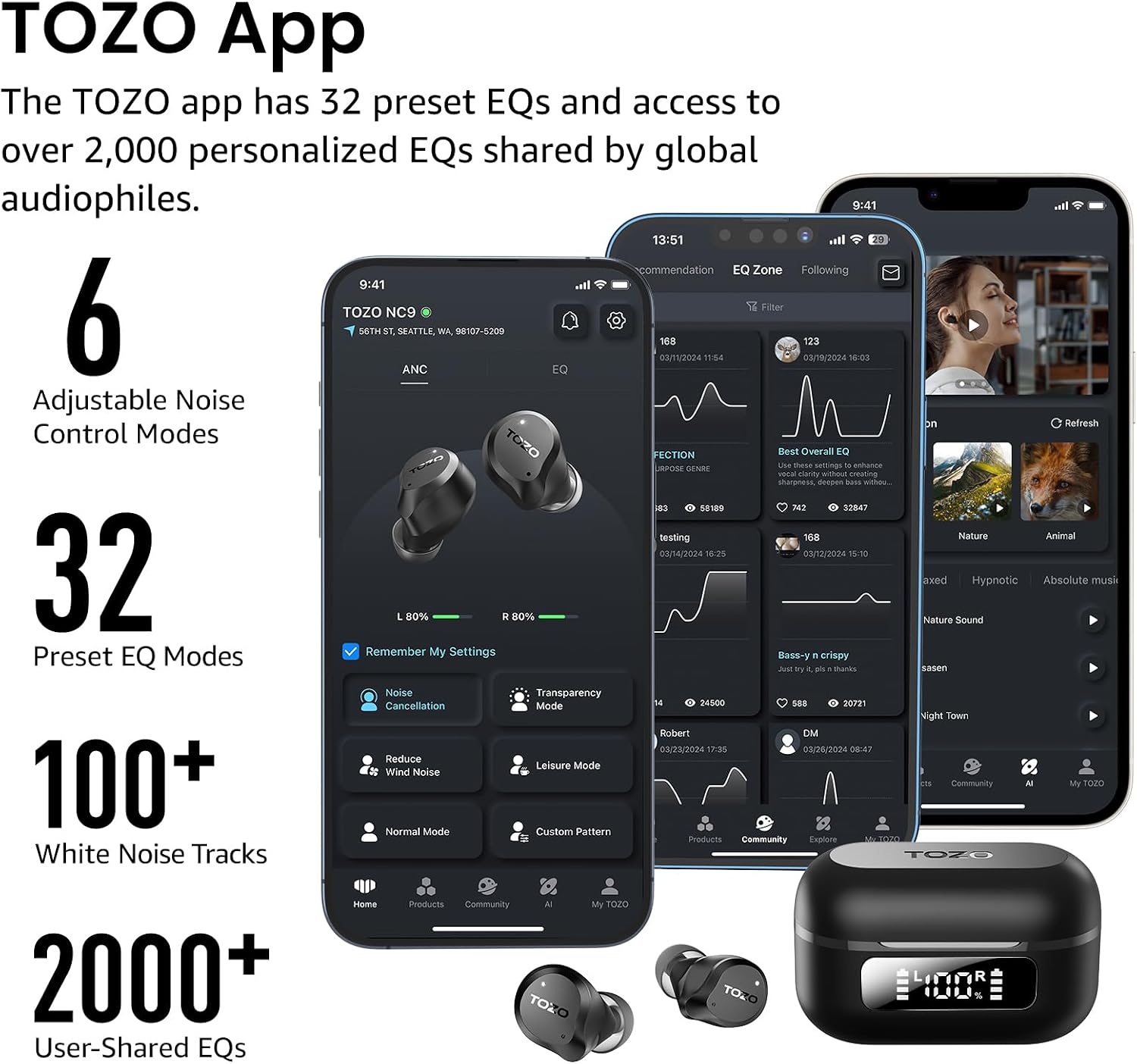 TOZO NC9 Hybrid Active Noise Cancelling Wireless Earbuds, 60H, LED Display - Image 6